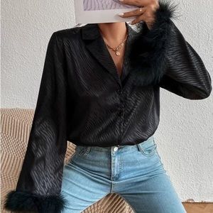 Fuzzy Cuff Trim Button Front Shirt